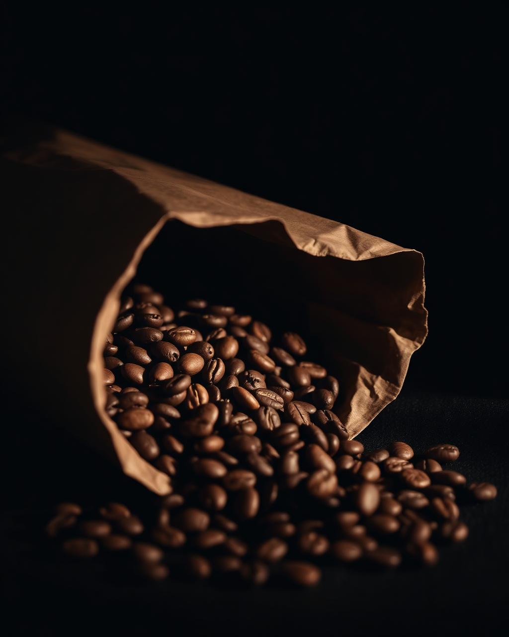 Specialty coffee beans spilling from a kraft paper bag onto dark linen