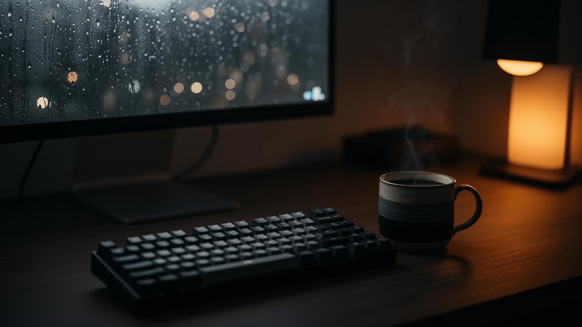 A dimly lit desk at night with a mechanical keyboard, ceramic mug of steaming coffee, monitor glow and rain on the window